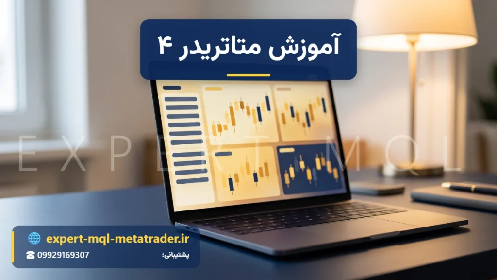 لپ‌تاپ با چند پنجرهٔ نمودار شمعی و فهرست نمادها زیر نور چراغ مطالعه؛ کار با پلتفرم MetaTrader 4 برای معامله در فارکس و بورس - Expert MQL
