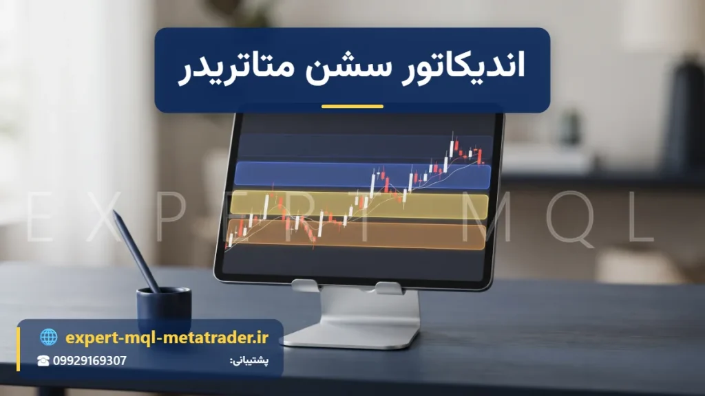 تبلتی روی پایه با نمودار شمعی که پشت شمع‌هایش چهار نوار رنگی سرمه‌ای، آبی، زرد و کهربایی هر کدام بخشی از نمودار را پوشانده‌اند؛ مشخص کردن محدودهٔ هر سشن معاملاتی روی نمودار متاتریدر - Expert MQL